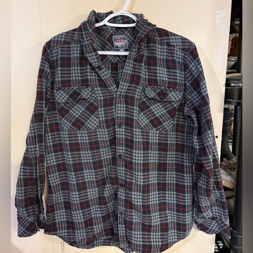 TNA Black Gray and Red Plaid Button-Down Shirt